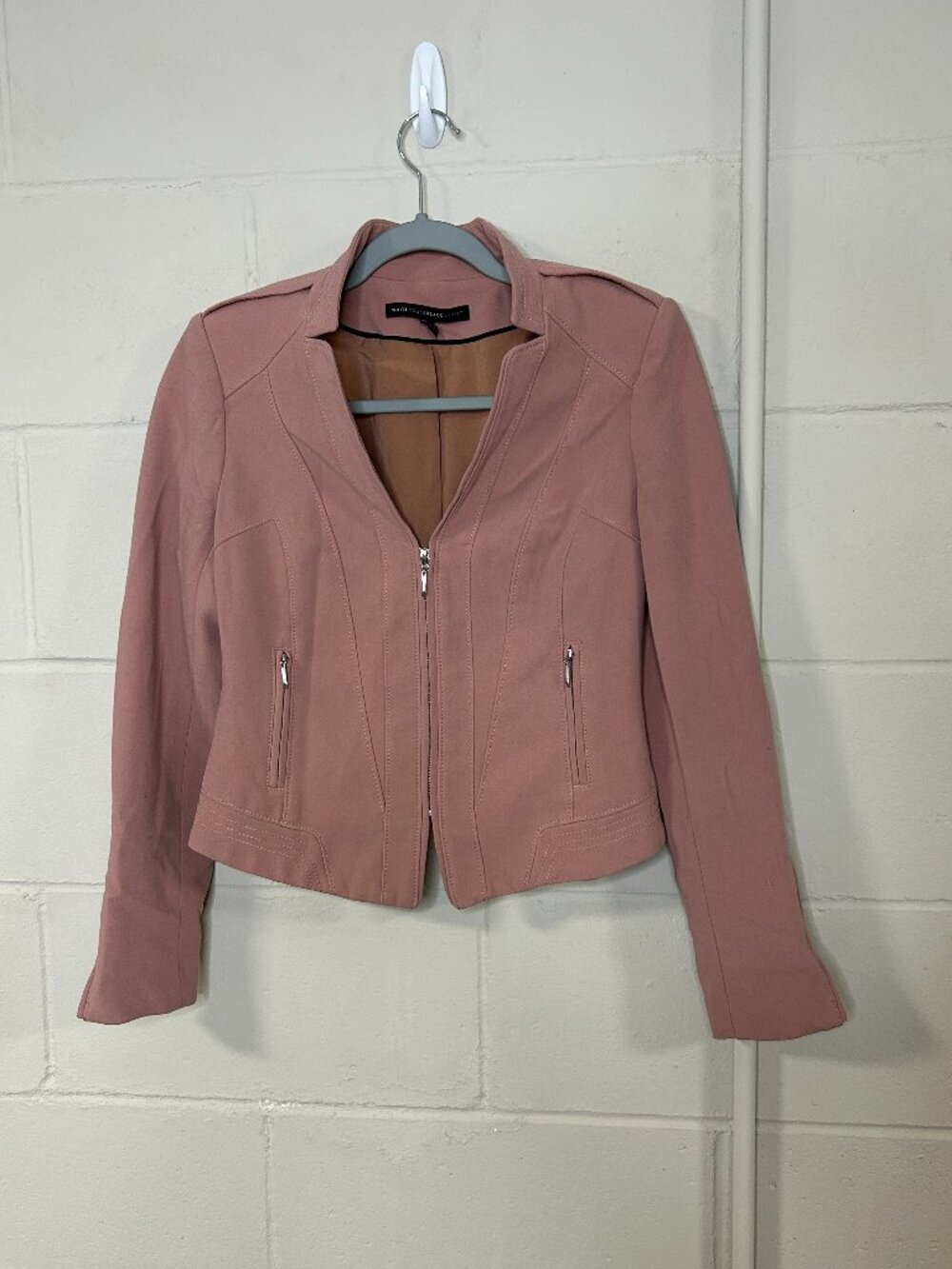 WHBM Jacket Womens 0 Blush Front Zip Pockets V Neck Inverted Collar Moto